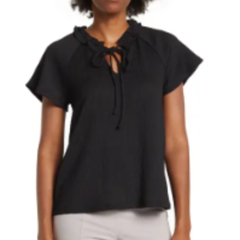 Everleigh Pucker Ruffle Neck Blouse, Black, Large